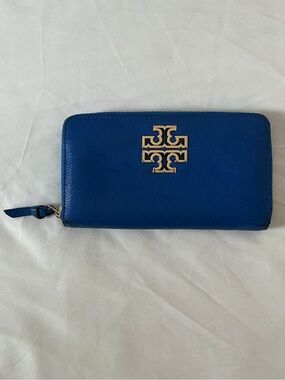 Tory Burch Cobalt Blue Zip-Around Wallet with Gold Logo